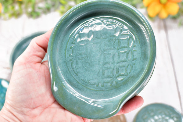 Moroccan Pattern Ceramic Spoon Rest, Turquoise Coffee Spoon Small, Large Handmade Stoneware Stovetop Pottery in Brown, Green - Gift for Her