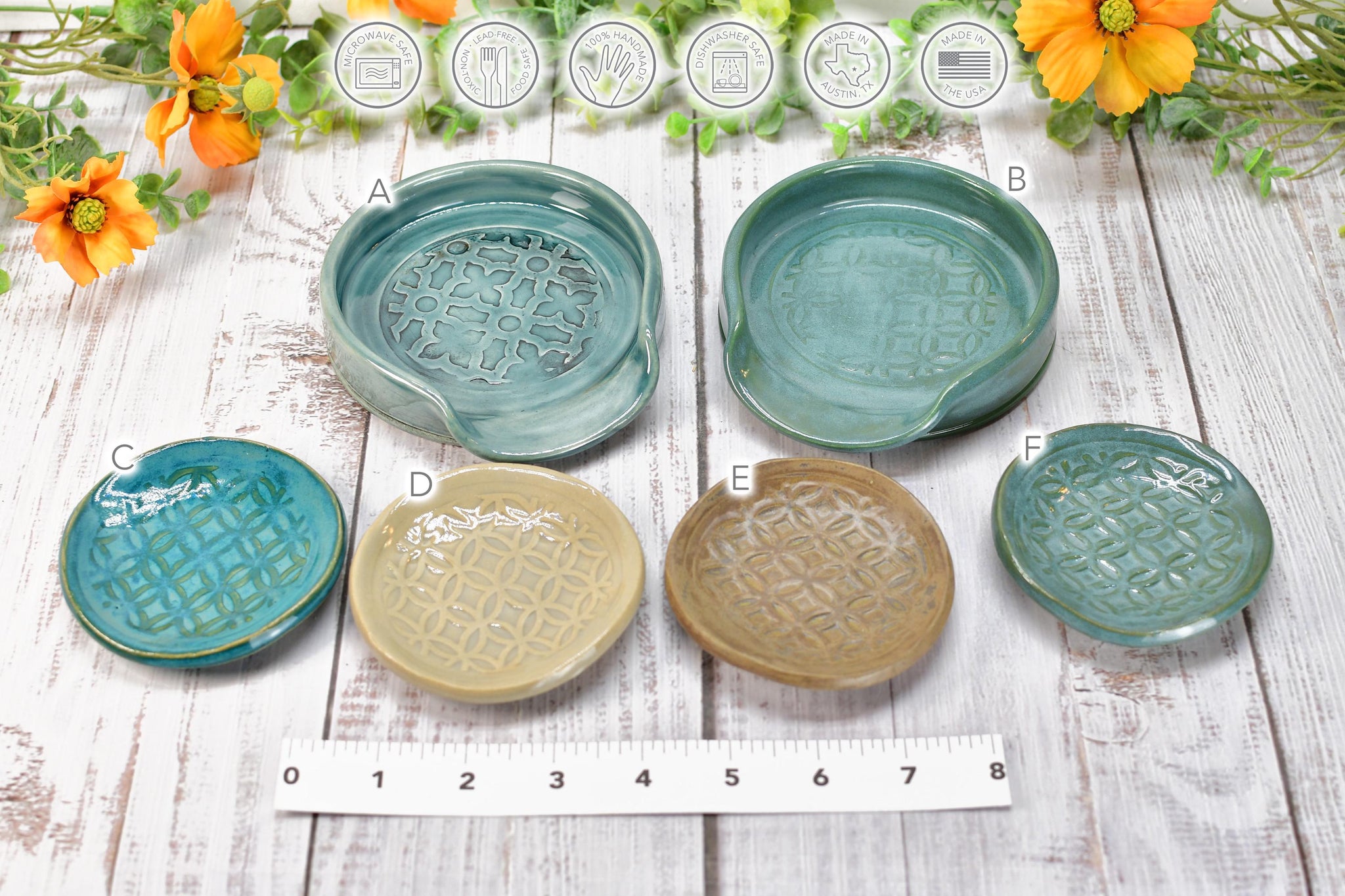Moroccan Pattern Ceramic Spoon Rest, Turquoise Coffee Spoon Small, Large Handmade Stoneware Stovetop Pottery in Brown, Green - Gift for Her