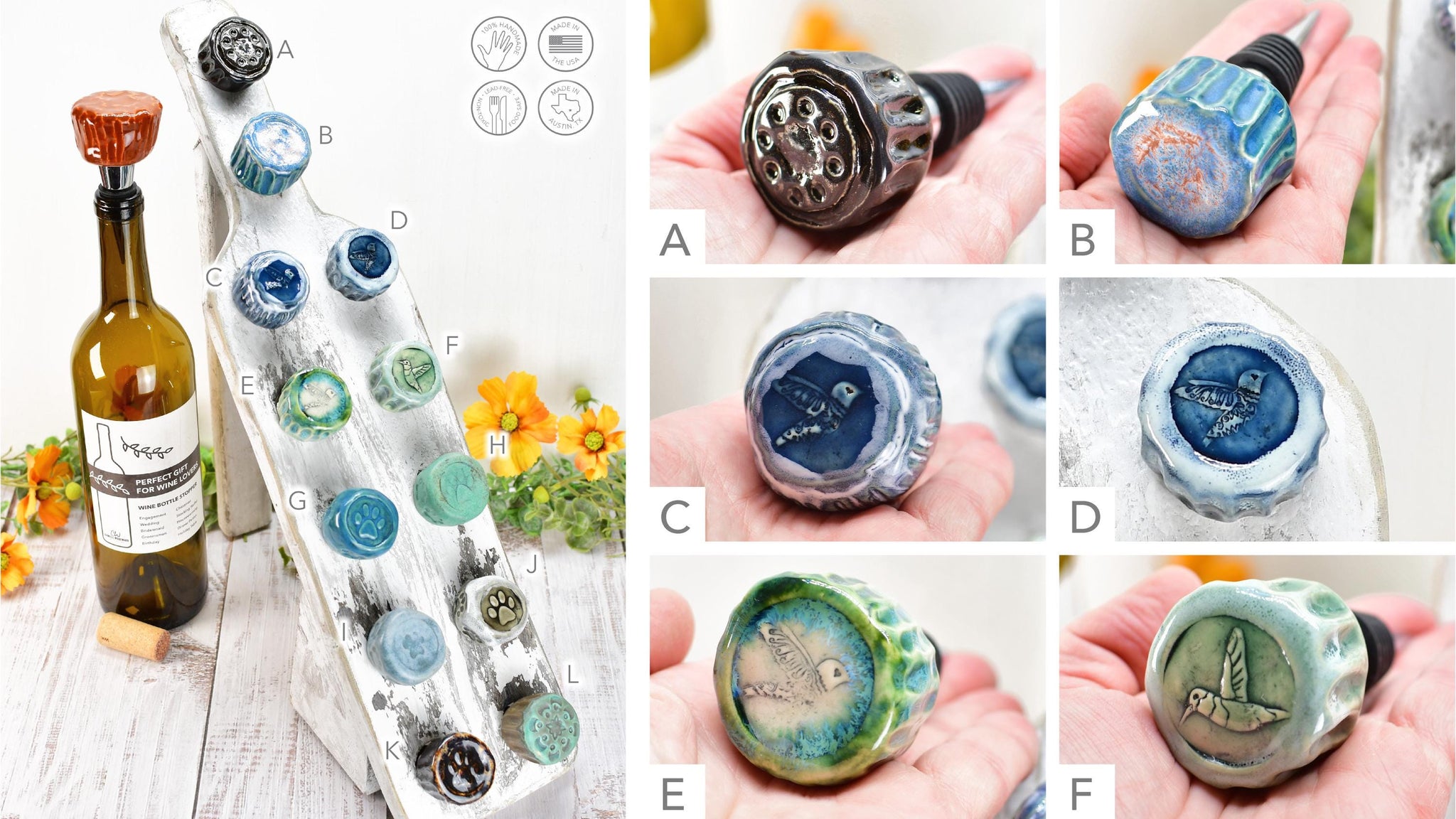 Wine Bottle Stopper, Ceramic Handmade Pottery Barware Unique Gift Her Birthday, Paw Print Pet Bird Lover, Housewarming Coworker Christmas