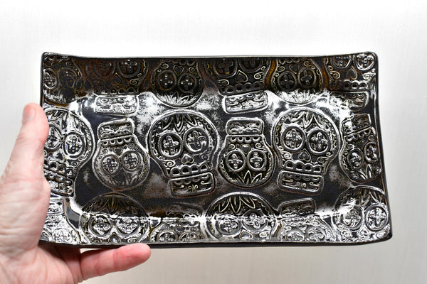 Sugar Skull Ceramic Dish, Handmade Stoneware Pottery for Countertop & Dining Gift, Copper and Black Rectangular Spoon Rest Plate