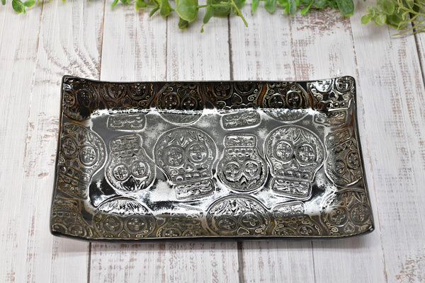 Sugar Skull Ceramic Dish, Handmade Stoneware Pottery for Countertop & Dining Gift, Copper and Black Rectangular Spoon Rest Plate