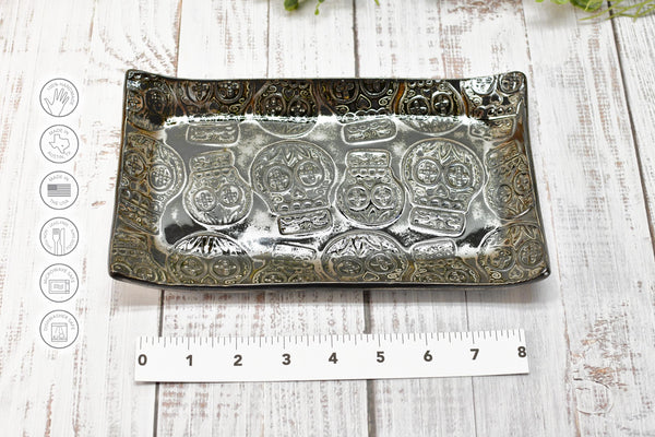 Sugar Skull Ceramic Dish, Handmade Stoneware Pottery for Countertop & Dining Gift, Copper and Black Rectangular Spoon Rest Plate