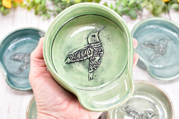 Hummingbird Ceramic Coffee Spoon Rest, Medium and Large Handmade Stoneware Stove Top Pottery in Blue, Gray, Green, Celadon - Gift for Her