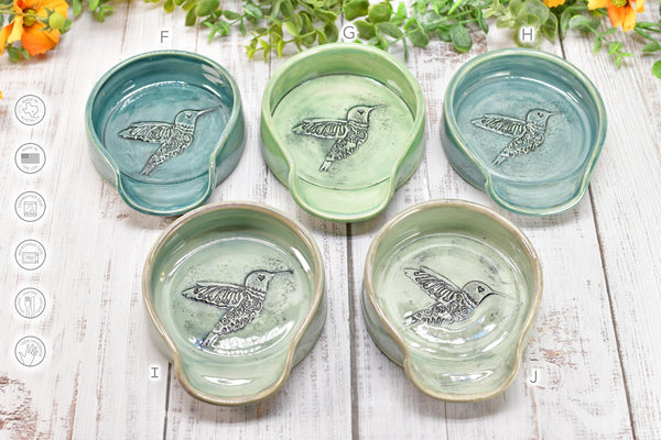 Hummingbird Ceramic Coffee Spoon Rest, Medium and Large Handmade Stoneware Stove Top Pottery in Blue, Gray, Green, Celadon - Gift for Her