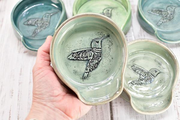 Hummingbird Ceramic Coffee Spoon Rest, Medium and Large Handmade Stoneware Stove Top Pottery in Blue, Gray, Green, Celadon - Gift for Her
