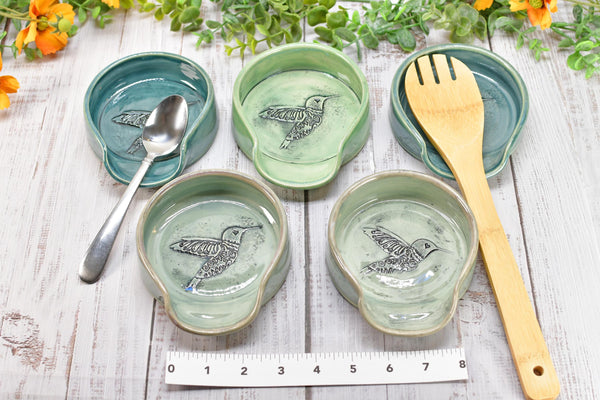 Hummingbird Ceramic Coffee Spoon Rest, Medium and Large Handmade Stoneware Stove Top Pottery in Blue, Gray, Green, Celadon - Gift for Her