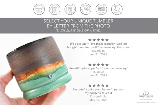 Handmade Ceramic Whiskey Tumbler, Bronze & Turquoise, Eco-Friendly 9th Anniversary Gift