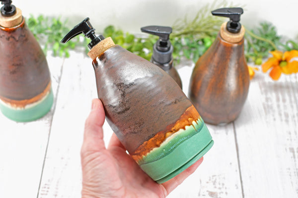 Handmade Ceramic Lotion / Soap Dispenser Stoneware Pottery in Bronze, Copper, Rust Orange, and Turquoise for Bathroom and Kitchen Decor