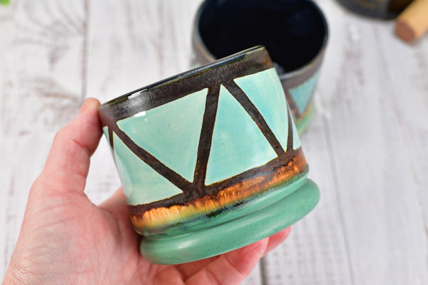 Bronze Turquoise Whiskey Tumbler, One Handmade Ceramic Pottery Hand Painted Anniversary Gift, Patina Green, Limited Edition Geometric