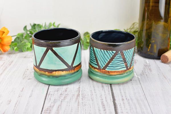 Bronze Turquoise Whiskey Tumbler, One Handmade Ceramic Pottery Hand Painted Anniversary Gift, Patina Green, Limited Edition Geometric