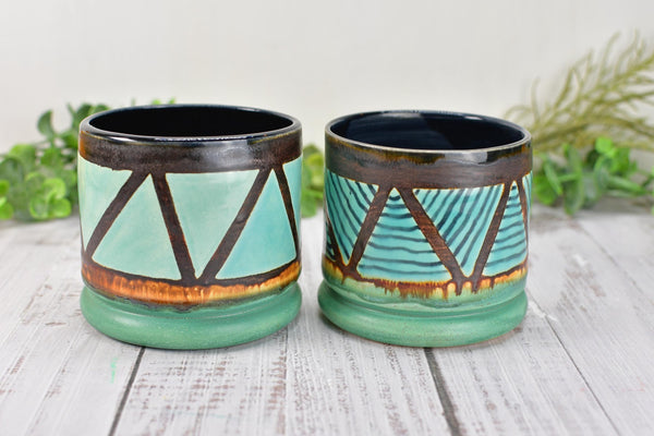 Bronze Turquoise Whiskey Tumbler, One Handmade Ceramic Pottery Hand Painted Anniversary Gift, Patina Green, Limited Edition Geometric