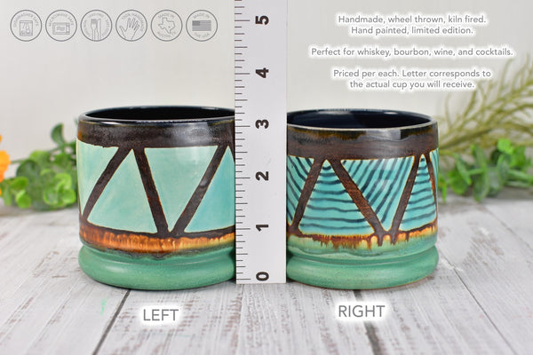 Bronze Turquoise Whiskey Tumbler, One Handmade Ceramic Pottery Hand Painted Anniversary Gift, Patina Green, Limited Edition Geometric