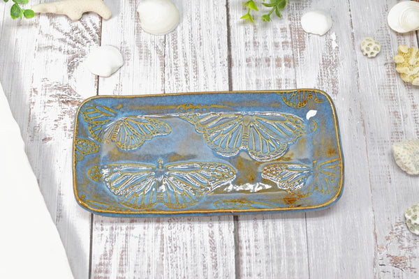 Butterfly Ceramic Dish, Spoon Rest, Handmade Stoneware Pottery for Countertop, Dining, Rutile Blue, Butter or Cracker Dish, Jewelry Trinket