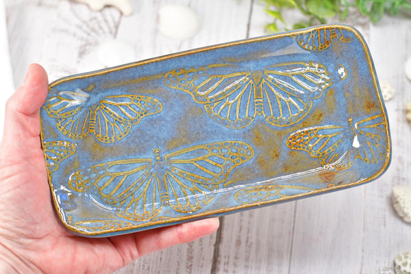 Butterfly Ceramic Dish, Spoon Rest, Handmade Stoneware Pottery for Countertop, Dining, Rutile Blue, Butter or Cracker Dish, Jewelry Trinket