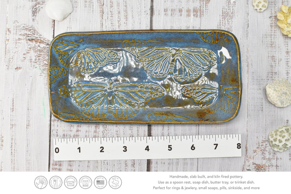 Butterfly Ceramic Dish, Spoon Rest, Handmade Stoneware Pottery for Countertop, Dining, Rutile Blue, Butter or Cracker Dish, Jewelry Trinket