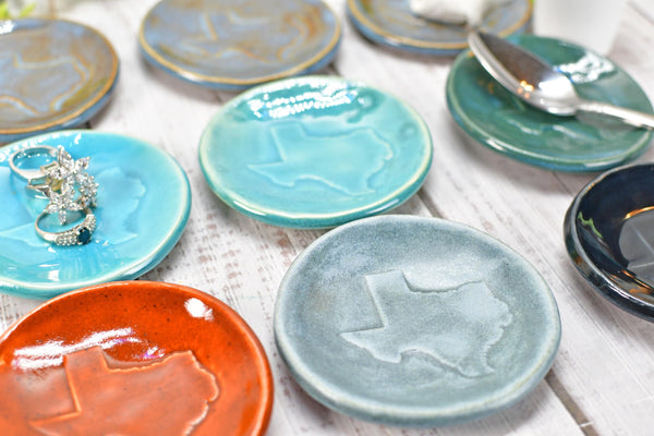 Texas Ceramic Small Coffee Spoon Rest, Handmade Jewelry Trinket Dish, Stoneware Pottery, Burnt Orange, Blue, Turquoise, Brown, Green, Black