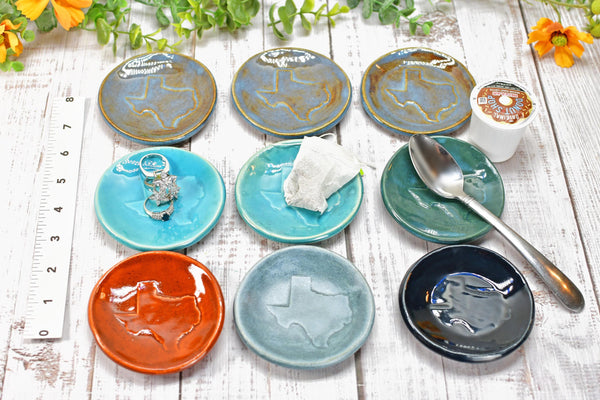 Texas Ceramic Small Coffee Spoon Rest, Handmade Jewelry Trinket Dish, Stoneware Pottery, Burnt Orange, Blue, Turquoise, Brown, Green, Black