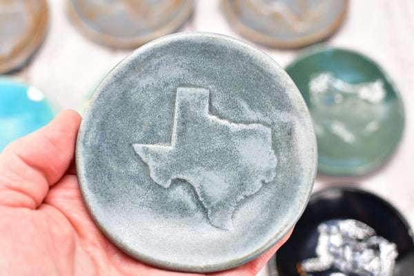Texas Ceramic Small Coffee Spoon Rest, Handmade Jewelry Trinket Dish, Stoneware Pottery, Burnt Orange, Blue, Turquoise, Brown, Green, Black