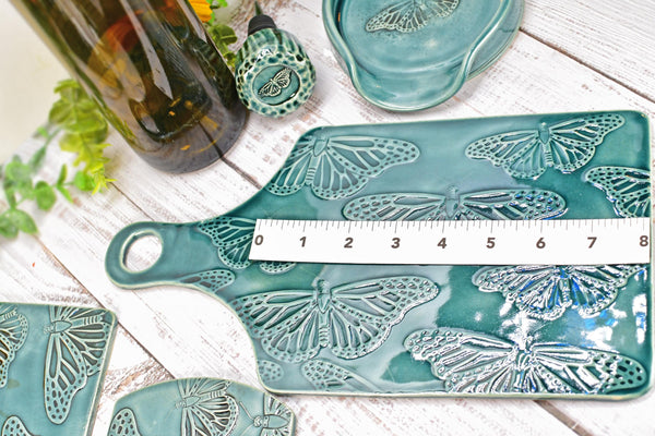 Butterfly Spoon Rest Charcuterie Plate, Ceramic Monarch Flat Slab for Stovetop, Handmade Stoneware Pottery Green Dish Xmas Gift, Per Each