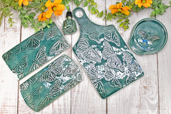 Butterfly Spoon Rest Charcuterie Plate, Ceramic Monarch Flat Slab for Stovetop, Handmade Stoneware Pottery Green Dish Xmas Gift, Per Each