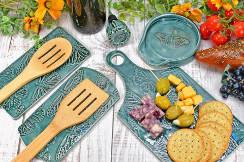 Butterfly Spoon Rest Charcuterie Plate, Ceramic Monarch Flat Slab for Stovetop, Handmade Stoneware Pottery Green Dish Xmas Gift, Per Each
