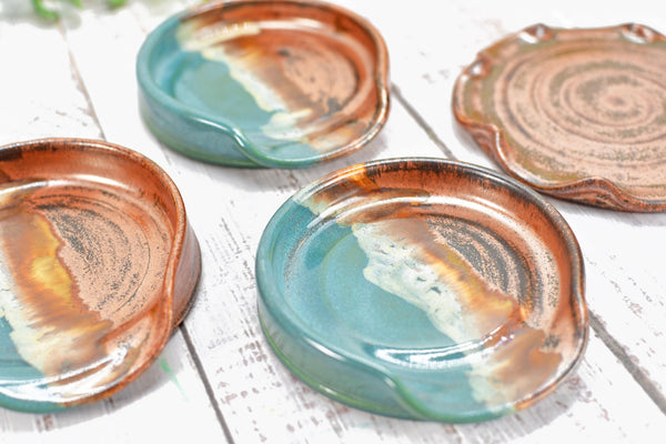 Copper & Turquoise Ceramic Spoon Rest, Handmade Medium Stoneware Pottery, Stovetop, Tabletop, Countertop Coffee Tea Bag Holder, Soap Dish