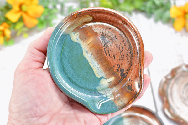 Copper & Turquoise Ceramic Spoon Rest, Handmade Medium Stoneware Pottery, Stovetop, Tabletop, Countertop Coffee Tea Bag Holder, Soap Dish