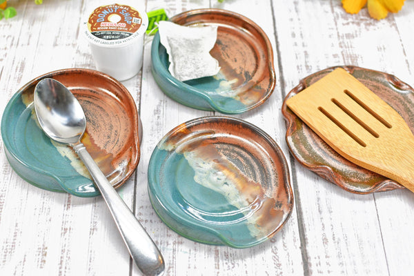 Copper & Turquoise Ceramic Spoon Rest, Handmade Medium Stoneware Pottery, Stovetop, Tabletop, Countertop Coffee Tea Bag Holder, Soap Dish