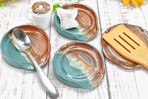 Copper & Turquoise Ceramic Spoon Rest, Handmade Medium Stoneware Pottery, Stovetop, Tabletop, Countertop Coffee Tea Bag Holder, Soap Dish