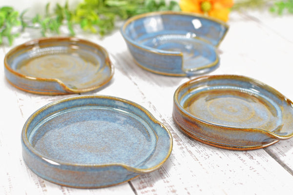 Blue & Brown Ceramic Spoon Rest, Handmade Medium Rutile Stoneware Pottery, Stovetop, Tabletop, Countertop Coffee Tea Bag Holder, Soap Dish