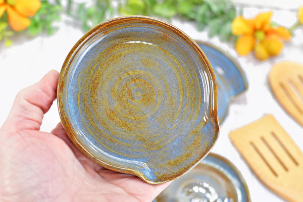 Blue & Brown Ceramic Spoon Rest, Handmade Medium Rutile Stoneware Pottery, Stovetop, Tabletop, Countertop Coffee Tea Bag Holder, Soap Dish
