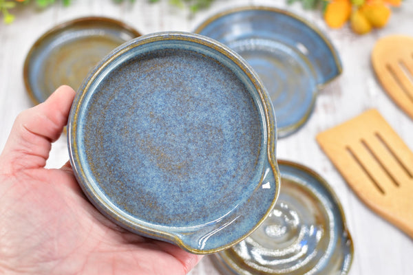 Blue & Brown Ceramic Spoon Rest, Handmade Medium Rutile Stoneware Pottery, Stovetop, Tabletop, Countertop Coffee Tea Bag Holder, Soap Dish
