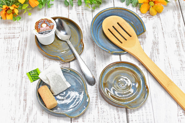 Blue & Brown Ceramic Spoon Rest, Handmade Medium Rutile Stoneware Pottery, Stovetop, Tabletop, Countertop Coffee Tea Bag Holder, Soap Dish