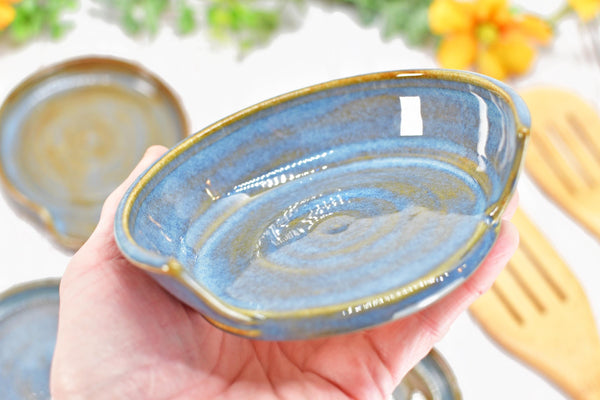 Blue & Brown Ceramic Spoon Rest, Handmade Medium Rutile Stoneware Pottery, Stovetop, Tabletop, Countertop Coffee Tea Bag Holder, Soap Dish