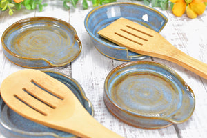 Blue & Brown Ceramic Spoon Rest, Handmade Medium Rutile Stoneware Pottery, Stovetop, Tabletop, Countertop Coffee Tea Bag Holder, Soap Dish