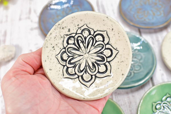 Floral Ceramic Small Coffee Spoon Rest, Handmade Jewelry Trinket Dish, Hand Painted Stoneware Pottery Gift in Blue, Green, and Black & White