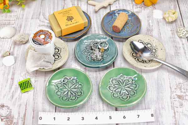 Floral Ceramic Small Coffee Spoon Rest, Handmade Jewelry Trinket Dish, Hand Painted Stoneware Pottery Gift in Blue, Green, and Black & White
