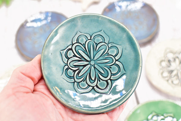 Floral Ceramic Small Coffee Spoon Rest, Handmade Jewelry Trinket Dish, Hand Painted Stoneware Pottery Gift in Blue, Green, and Black & White