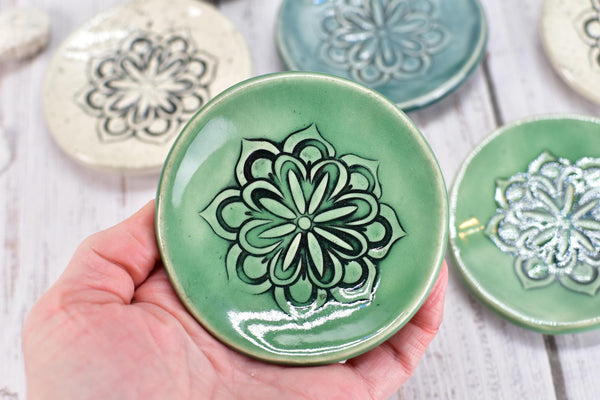 Floral Ceramic Small Coffee Spoon Rest, Handmade Jewelry Trinket Dish, Hand Painted Stoneware Pottery Gift in Blue, Green, and Black & White