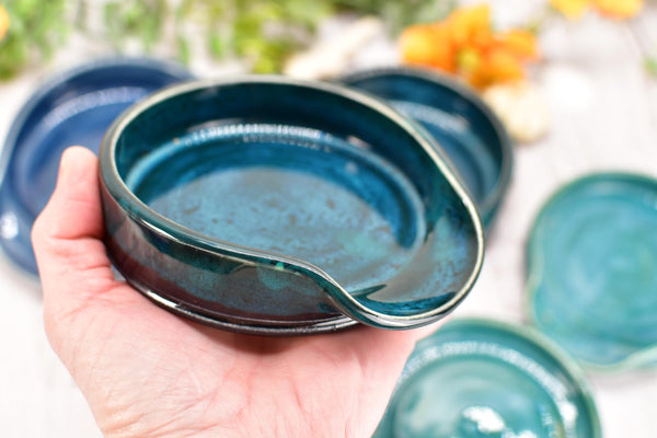 Blue Teal Ceramic Spoon Rest, Turquoise Handmade Small, Medium, Large Pottery for Stovetop, Table Counter - Housewarming Christmas Gift