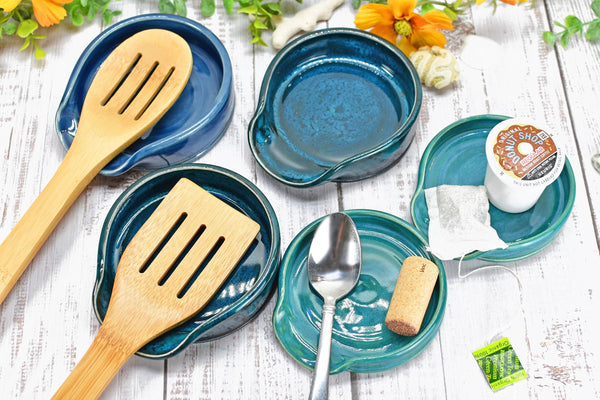 Blue Teal Ceramic Spoon Rest, Turquoise Handmade Medium & Large Stoneware Pottery for Stovetop, Table Counter - Housewarming Christmas Gift