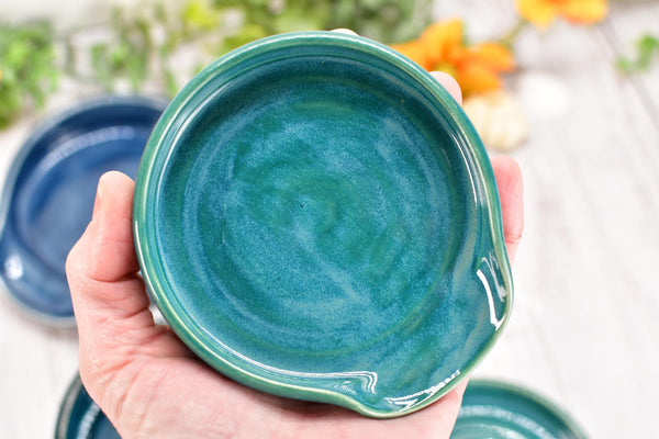 Blue Teal Ceramic Spoon Rest, Turquoise Handmade Medium & Large Stoneware Pottery for Stovetop, Table Counter - Housewarming Christmas Gift