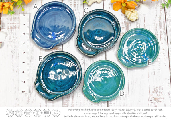 Blue Teal Ceramic Spoon Rest, Turquoise Handmade Medium & Large Stoneware Pottery for Stovetop, Table Counter - Housewarming Christmas Gift
