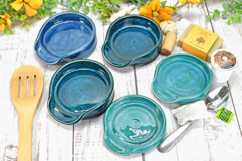 Blue Teal Ceramic Spoon Rest, Turquoise Handmade Medium & Large Stoneware Pottery for Stovetop, Table Counter - Housewarming Christmas Gift