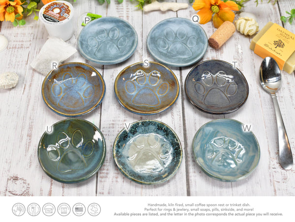 Paw Print Ceramic Small Coffee Spoon Rest, Jewelry Trinket Dish, Handmade Stoneware Pottery in Blue, Green, Teal, Brown, Black, Unique Gift