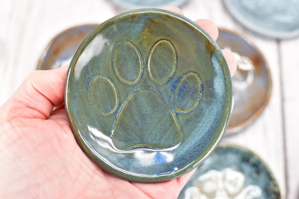 Paw Print Ceramic Small Coffee Spoon Rest, Jewelry Trinket Dish, Handmade Stoneware Pottery in Blue, Green, Teal, Brown, Black, Unique Gift