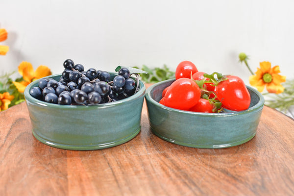 Ceramic Bowl Set of 2, Handmade Stoneware Pottery, Dip, Snack, Salsa, Small Pet Food & Water Dish, Black Teal Green