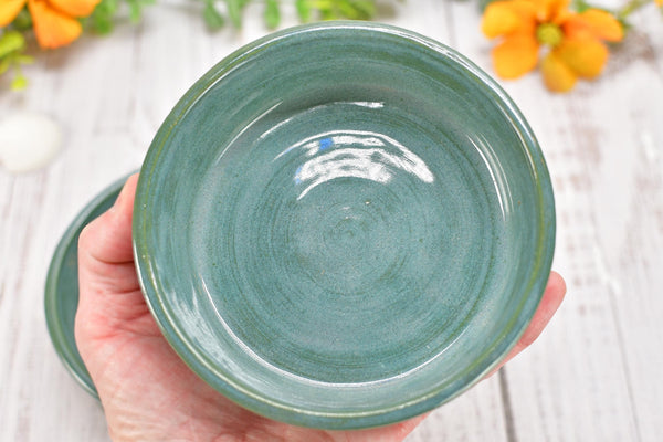 Ceramic Bowl Set of 2, Handmade Stoneware Pottery, Dip, Snack, Salsa, Small Pet Food & Water Dish, Black Teal Green