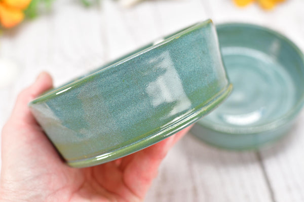 Ceramic Bowl Set of 2, Handmade Stoneware Pottery, Dip, Snack, Salsa, Small Pet Food & Water Dish, Black Teal Green