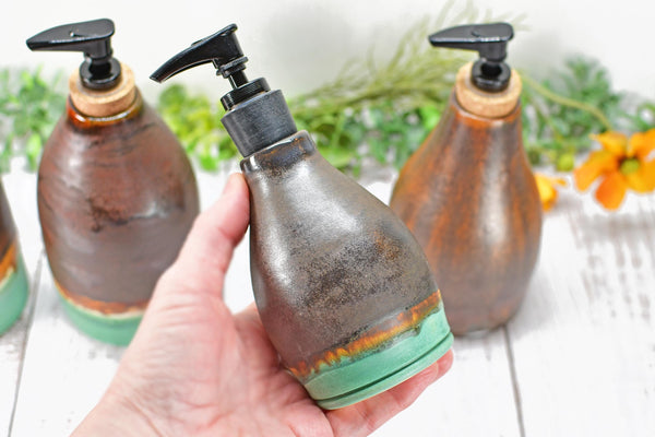 Handmade Ceramic Lotion / Soap Dispenser Stoneware Pottery in Bronze, Copper, Rust Orange, and Turquoise for Bathroom and Kitchen Decor